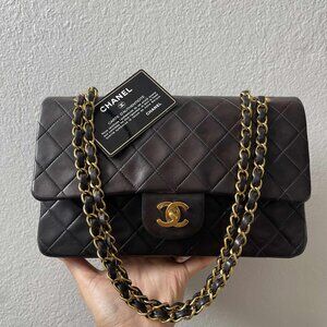 Vintage Classic Chanel Medium Double Flap, Dark Brown, Serial Number and Card